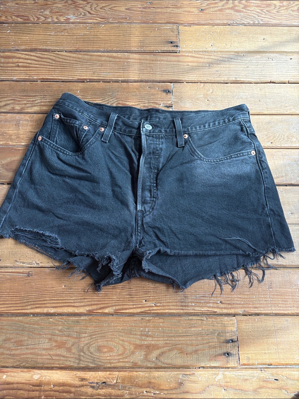 Levi's 501 Black Distressed button fly Denim Cutoff Shorts